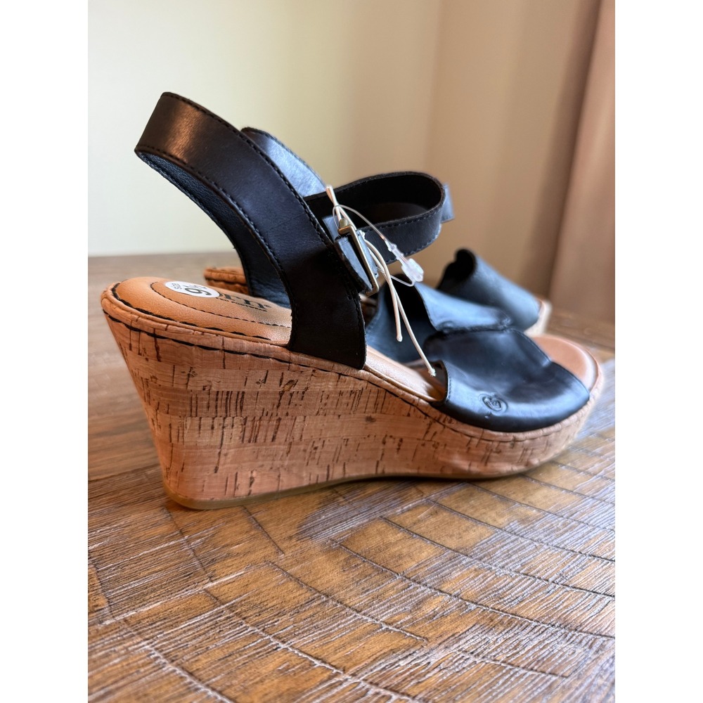 NEW Born Black Leather Cork Wedge Sandals‎ Womens 9.5 Comfort Boho Buckle Earthy